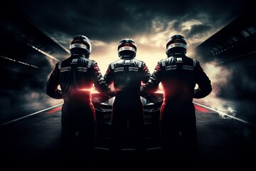 Racing to Perfection: Professional Pit Crew Stands Ready for Action as Their Team's Race Car Arrives in the Pit Lane, Showcasing the True Essence of Teamwork - obrazy, fototapety, plakaty