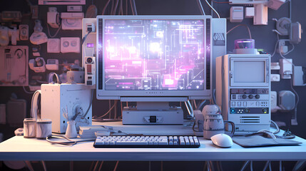 Fototapeta premium a white background with a lot of different parts of a computer screen and a keyboard on it