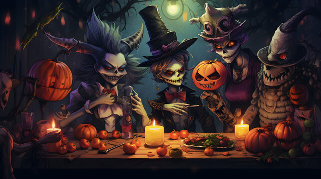 Halloween Tea Part With Cute Creepy Characters