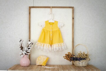 Handmade Yellow Linen Baby Dress with White Lace and Baby Bonnet