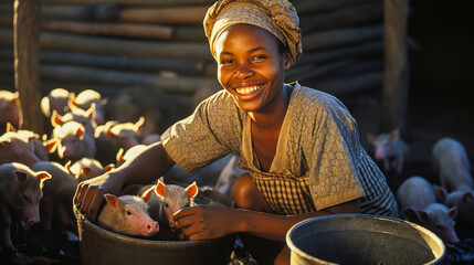 African farmer woman feeding pigs in clean pigsty. - obrazy, fototapety, plakaty