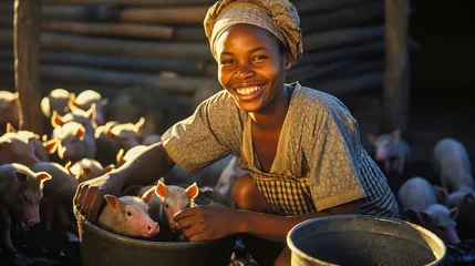 Poster African farmer woman feeding pigs in clean pigsty. © XaMaps