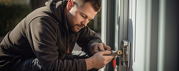 Worker install of a lock on the front door. locksmith working on unlock the door knob.