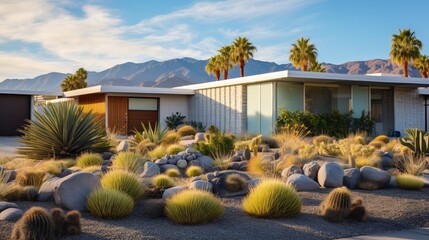 Beautiful example of dry xeriscaped gardening at curbside. 8k, - obrazy, fototapety, plakaty