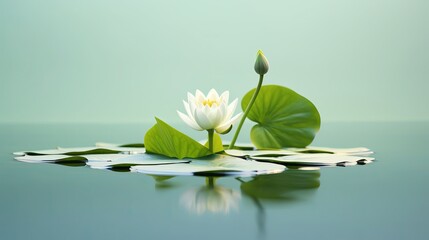 Serene White Water Lily in Full Bloom on a Calm Blue Green Pond with Large Green Leaves Reflecting in the Water - Powered by Adobe