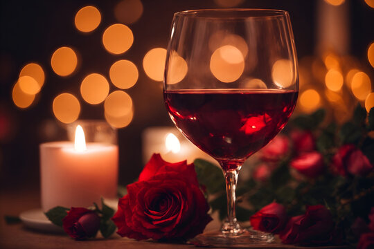 a glass of wine rose, and a candle in a bokeh background