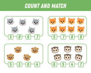 Education game for children count and match of cute cartoon forest animals, printable worksheet. Vector