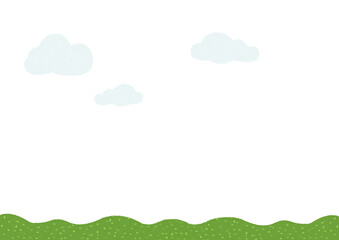 起伏のある緑の野原の背景素材：フッター,春夏,雲
