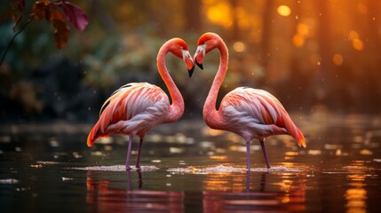 Two flamingos in the water. Wildlife scene from tropic nature. - obrazy, fototapety, plakaty