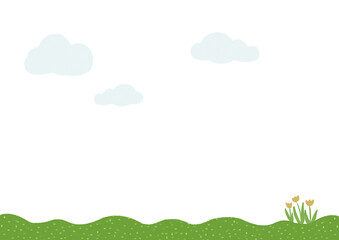 起伏のある緑の野原とチューリップの背景素材：フッター,飾り帯,春夏,チューリップ