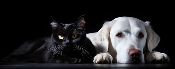 Black cat and white dog lying together on the floor. Banner with pets on black background.