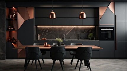 Panorama of modern kitchen with stylish black cupboards and drawers, copper hexagonal tiles and handles and with new black dining table and two, elegant copper chairs 8k,