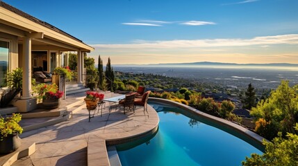 Fototapeta na wymiar Panorama Wonderful views home with a pool and barbeque 8k,