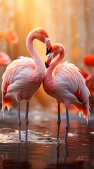 Two flamingos standing in water at sunset. Beautiful pink flamingo.