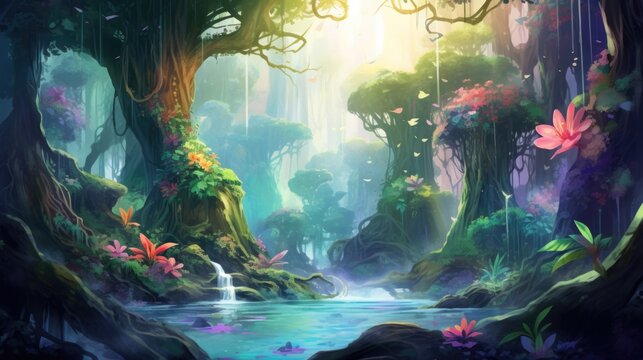 Pristine jungle scene, flowing waterfalls, verdant vegetation, boats navigating serene waters, Untouched nature beauty concept.