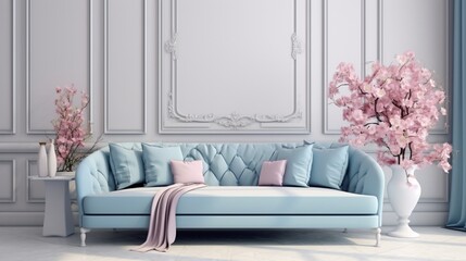 Pastel blue sofa with carriage tie. A large white vase with orchids. Classical interior. A room in a minimalist style. 8k,