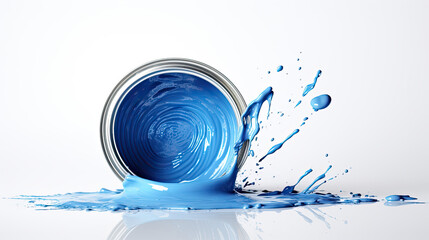 Opened can of blue paint with splash on white background - obrazy, fototapety, plakaty