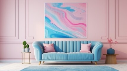 Patterned carpet in pink and blue living room interior with sofa against white wall with painting 8k,