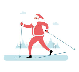 Modern flat vector illustration of cheerful Santa Claus skiing, wearing red clothes, xmas activity on winter background