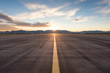 Clouds aglow with the warmth of the setting sun, casting their radiance over the vast and unoccupied airport runway