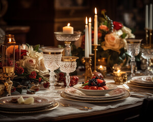 Naklejka premium An opulent dining table with extravagant place settings, candles, and holiday dishes.