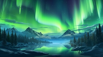 An ethereal background of an aurora borealis display, illuminating a tranquil night sky.