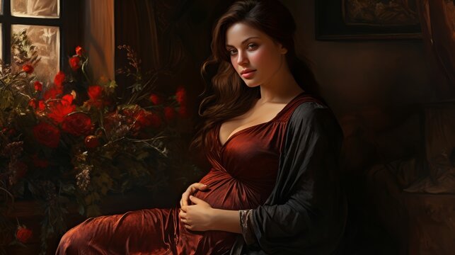 pregnant woman near the window in a red dress ai generated image