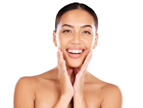 Portrait of woman, skincare or beauty cosmetics in shine, wellness or healthy glow isolated on a transparent PNG background. Happy model touching face after facial laser, chemical peel or dermatology