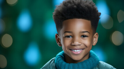 smiling african american child in blue sweater, among green christmas background - obrazy, fototapety, plakaty