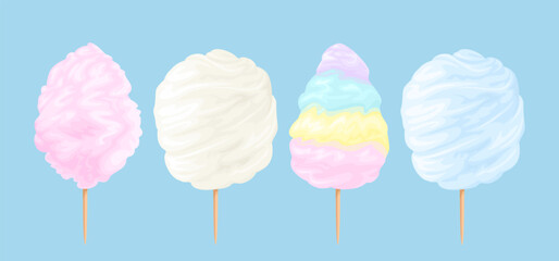 Set of colorful cotton candy isolated on blue background. Vector cartoon illustration. Sweets icons.