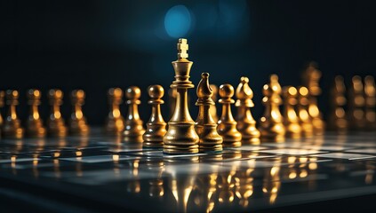 Golden Chess Pieces Under Blue Light