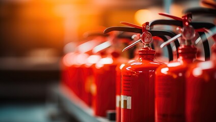 Fire extinguishers in a row on the production line in the factory