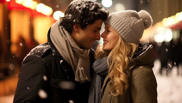 happy young couple in winter clothes hugging and kissing on city street at night