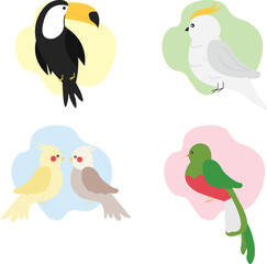Flat parrots and tropical jungle birds flying and sitting. Macaw, parakeet, and Colombia exotic parrot. Quetzal vectors. Toucan and emu bird vector set