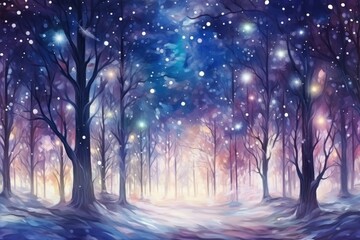 Magical Christmas watercolor forest with shining lights. Fairytale abstract illustration style. Holiday celebration concept.