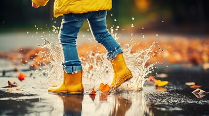 Child Splashing in Puddle with Yellow Rain Boots