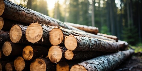 Pile of pine tree trunks in the forest