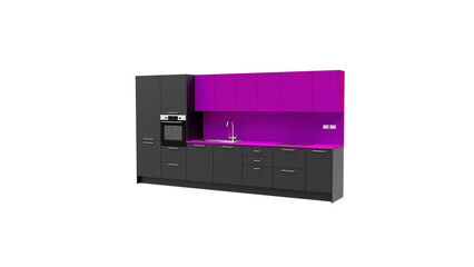 KITCHEN DESIGN 3D RENDERING MODEL ISOLATED ON WHITE. DARK GREY AND PURPLE KITCHEN PERSPECTIVE VIEW PNG TRANSPARENT