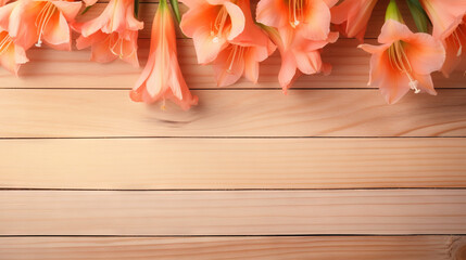  a bunch of pink flowers on a wooden surface with a place for text.  generative ai