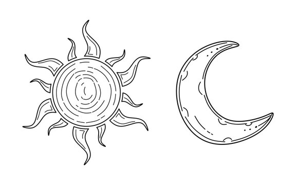 Hand drawn sun and moon, doodle style. Sketch of sun and moon isolated on white background. Minimal freehand drawing for tattoo, engraving and decoration. Vector illustration