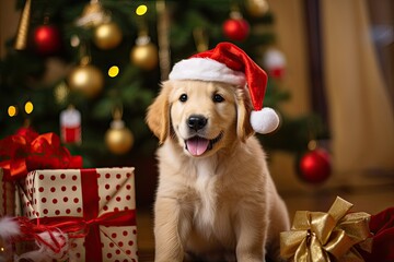 excited golden retriever puppy sitting under a christmas tree surounded by presents