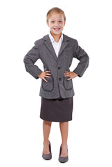 Portrait of girl child in business suit, smile and future career isolated on transparent png background. Happy kid, little businesswoman and pretend professional with dream job in corporate clothes.
