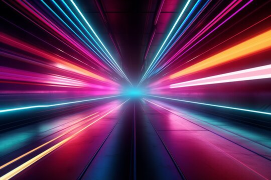 Fototapeta Glowing tunnel with colored light streaks.