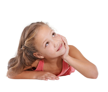 Child, daydreaming and hand for thinking with creative, wonder mindset and happy childhood with question. Young girl, happiness and idea, calm mind and isolated on transparent png background