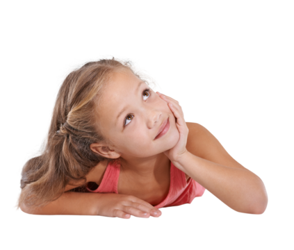 Child, daydreaming and hand for thinking with creative, wonder mindset and happy childhood with question. Young girl, happiness and idea, calm mind and isolated on transparent png background - Powered by Adobe
