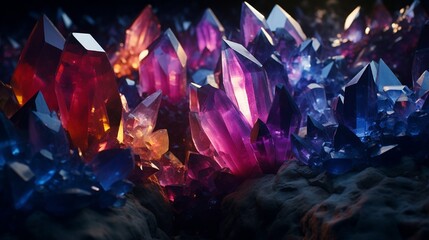 A field of resonating quartz crystals, each individual formation emitting a unique color spectrum, set against the backdrop of utter blackness.