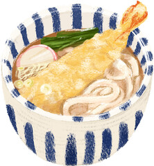 hand drawn illustration of tempura udon a japanese food dish meal in color pencil. a cute cartoon drawing of food