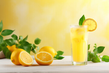 Freshly squeezed lemonade on yellow background. Glass of lemon juice and cut fresh lemons. Generative AI