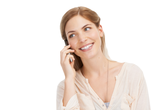 Phone call, talking and face of woman online for conversation on png and transparent background. Communication, networking and isolated happy person on cellphone for chatting, contact and connection