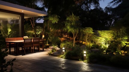 Residential Back Yard Garden Illuminated by Modern LED Lighting System 8k,